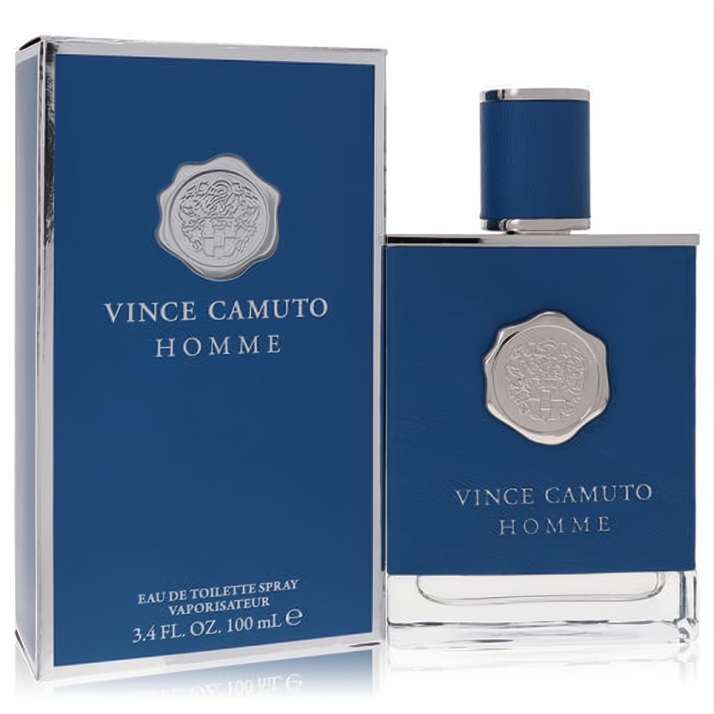 Striking Vince Camuto Homme 3.4 oz EDT. Deep blue bottle with textured leather front and elegant silver crest.