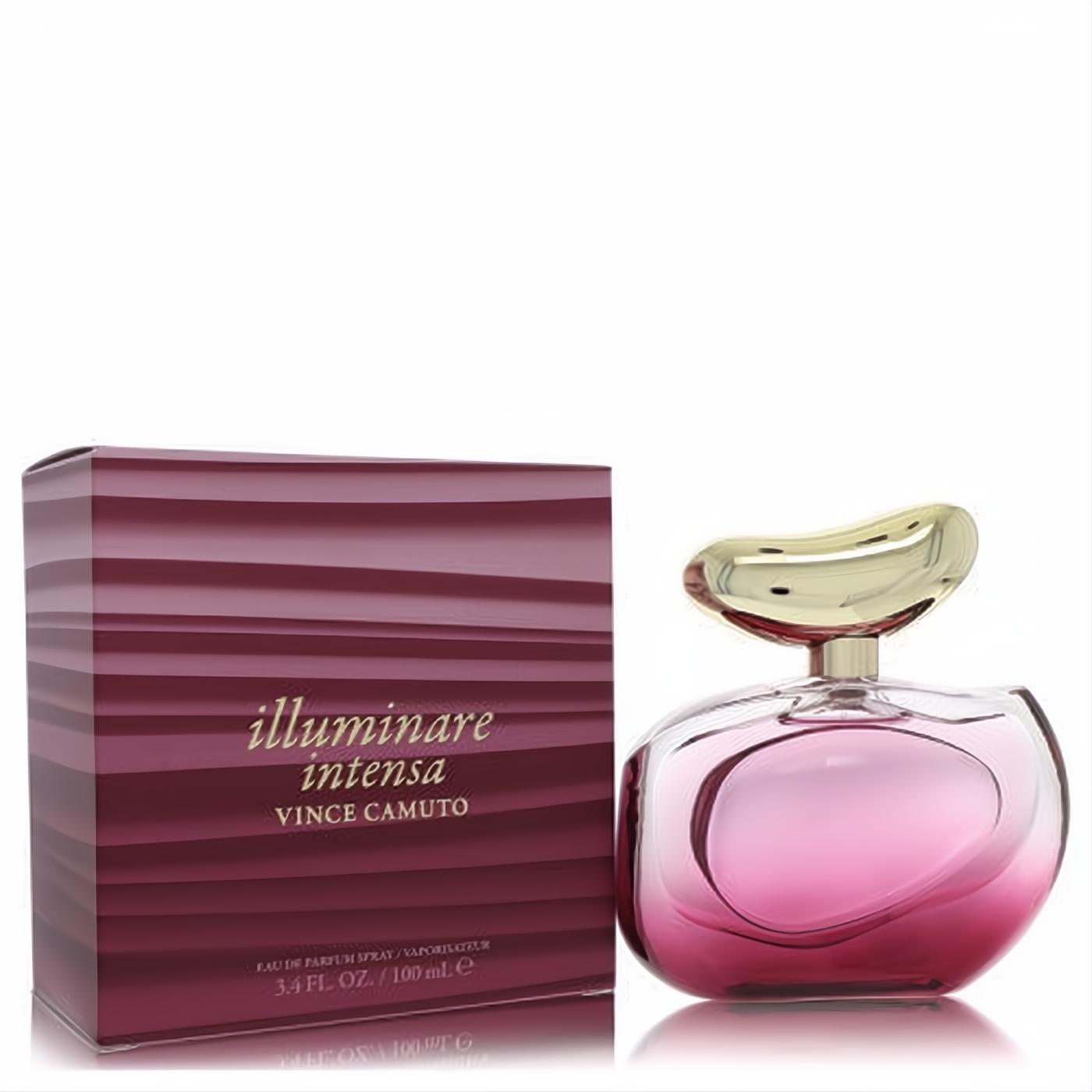 Vince Camuto Illuminare Intensa 3.4 oz EDP spray. Luxurious pink glass bottle with a distinctive gold cap, displayed with its elegant magenta box.