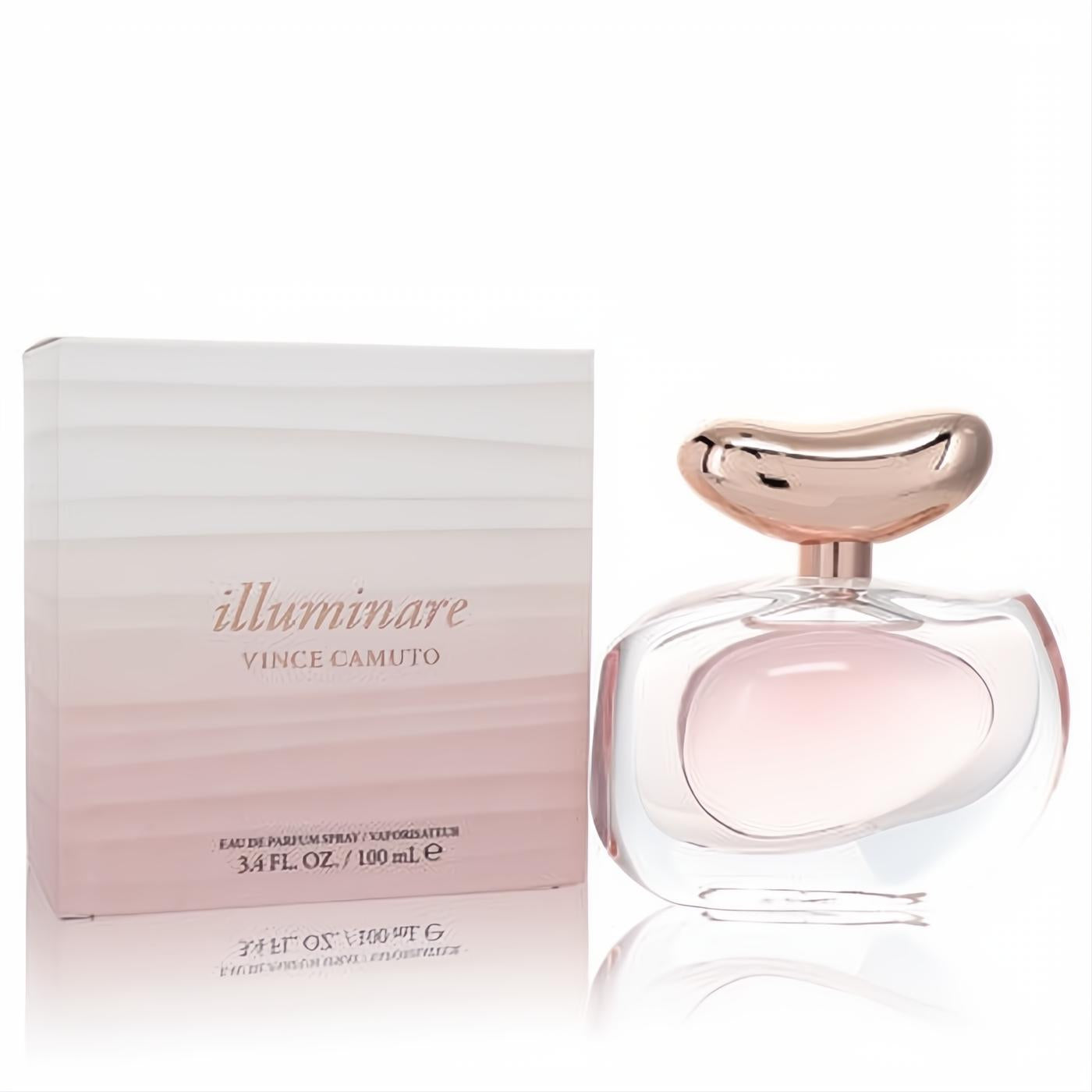 Vince Camuto Illuminare 3.4 oz perfume. Clear glass bottle, soft pink liquid, unique rose gold cap, and matching gradient box.