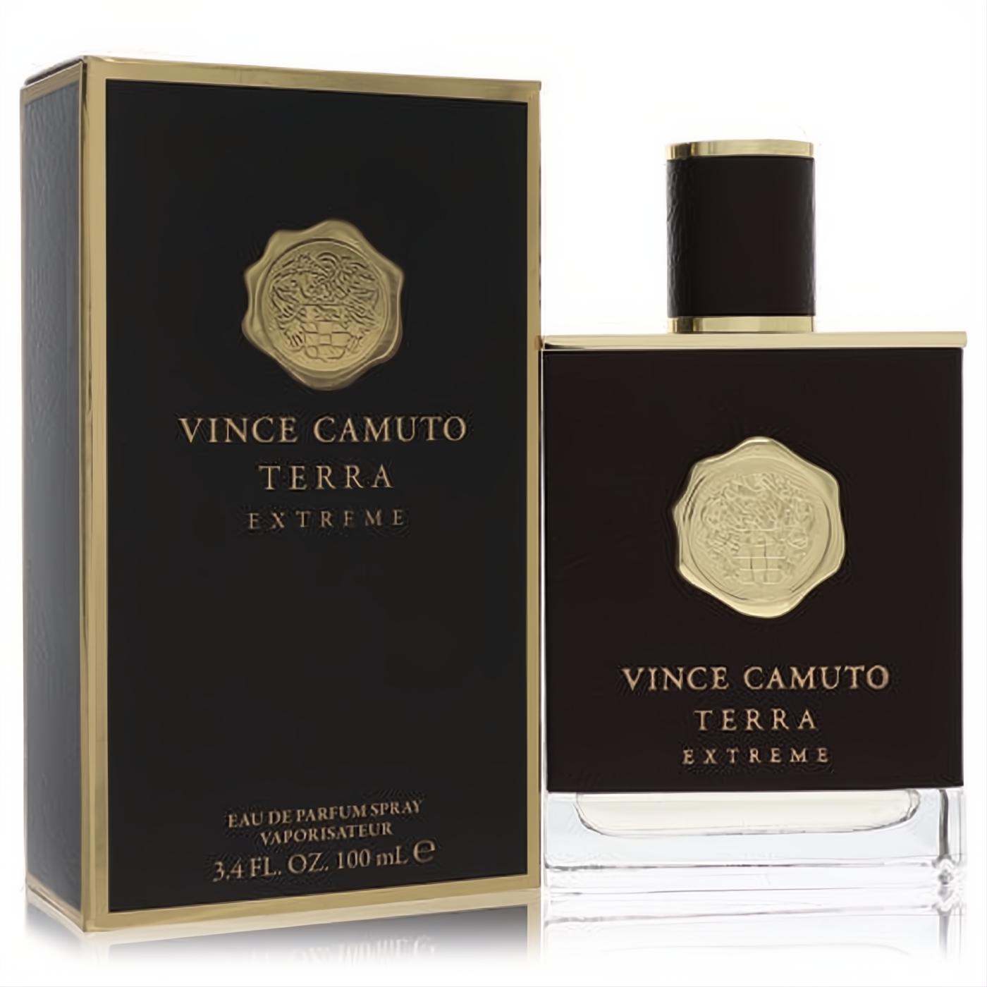 Vince Camuto Terra Extreme 3.4 oz men's Eau De Parfum. Sophisticated dark brown bottle with gold cap, emblem, and matching luxury packaging.