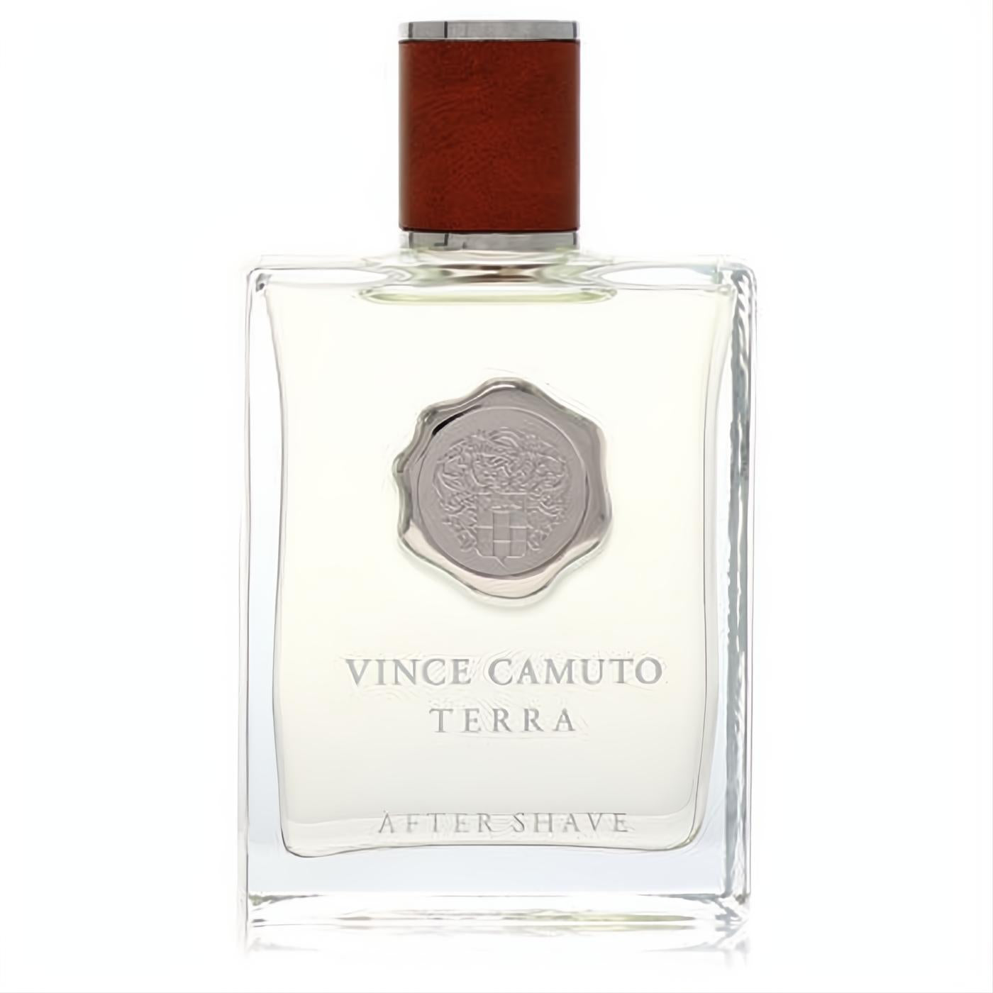 Vince Camuto Terra After Shave, 3.4 oz. Sleek clear glass bottle, luxurious brown wood cap, and prominent silver crest.