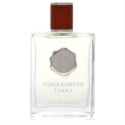 Vince Camuto Terra After Shave, 3.4 oz. Sleek clear glass bottle, luxurious brown wood cap, and prominent silver crest.