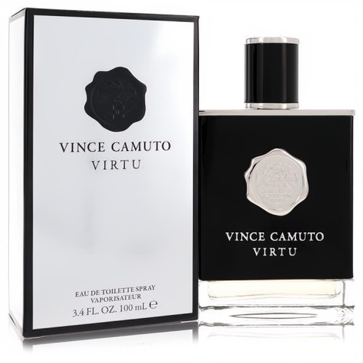 Sleek Vince Camuto Virtu 3.4 oz men's EDT. Bold black bottle with silver cap and seal, next to its elegant white box.
