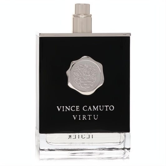 Vince Camuto Virtu men's cologne, a sleek black and silver glass bottle with a prominent embossed seal for a bold look.