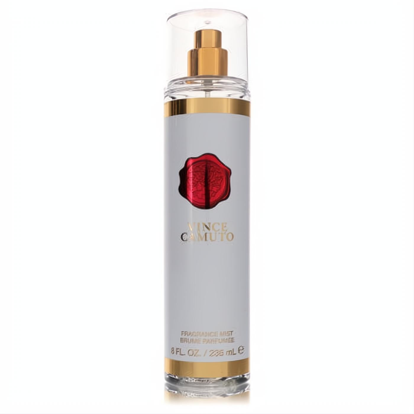 Elevate your scent with Vince Camuto 8 oz women's body mist. Clear bottle, elegant white & gold label, signature red seal, gold sprayer.
