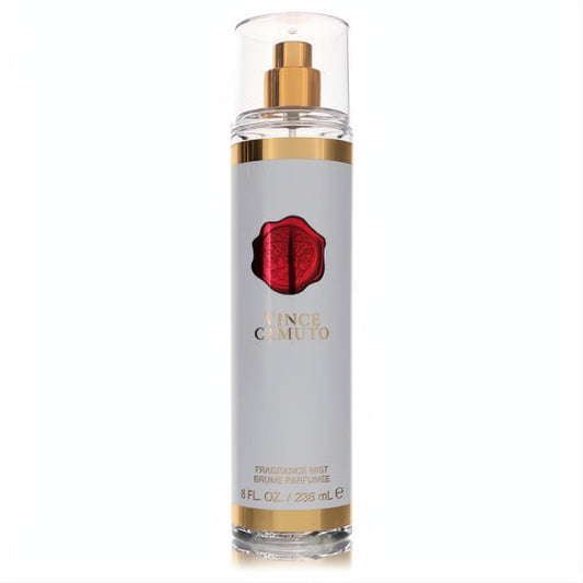 Elevate your scent with Vince Camuto 8 oz women's body mist. Clear bottle, elegant white & gold label, signature red seal, gold sprayer.