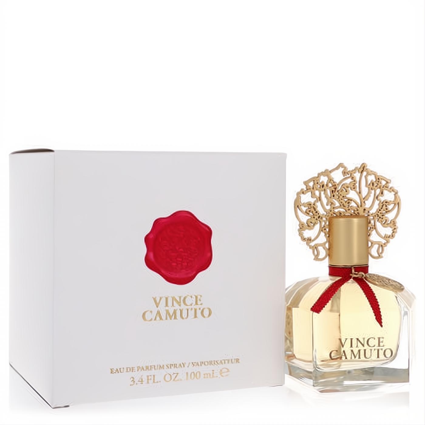 Vince Camuto 3.4 oz Eau De Parfum. Elegant clear bottle, golden liquid, ornate gold cap, and signature red ribbon.