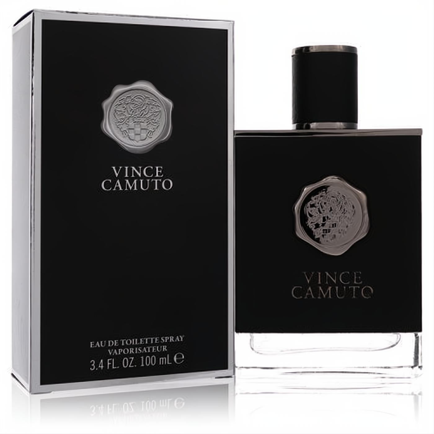 Sophisticated Vince Camuto men's 3.4 oz EDT spray in a sleek black bottle and matching box with elegant silver seal.