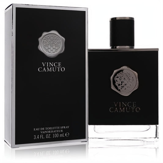 Sophisticated Vince Camuto men's 3.4 oz EDT spray in a sleek black bottle and matching box with elegant silver seal.