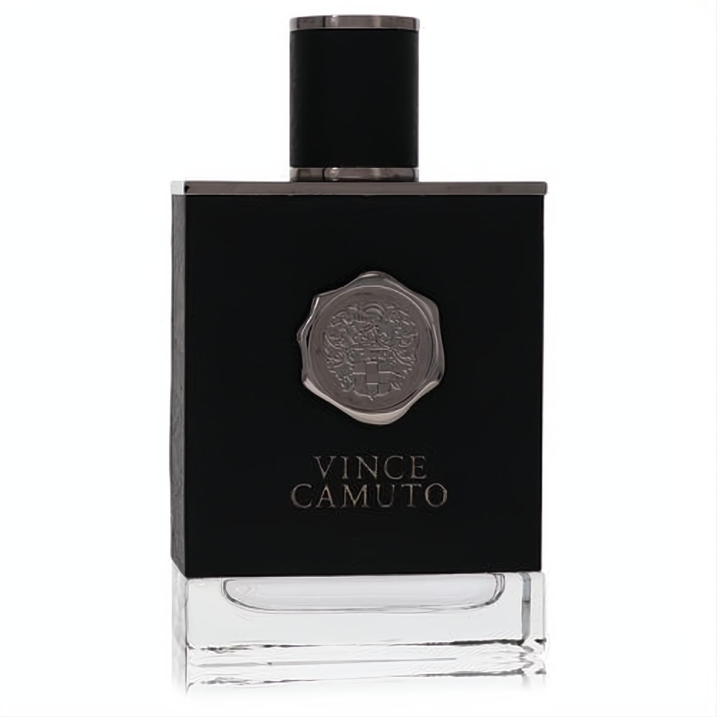 Sleek Vince Camuto men's EDT spray in a black bottle with clear base, metallic cap, and signature emblem.