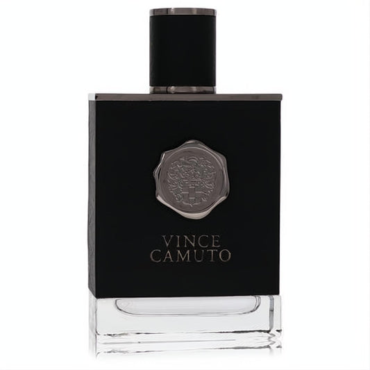 Sleek Vince Camuto men's EDT spray in a black bottle with clear base, metallic cap, and signature emblem.