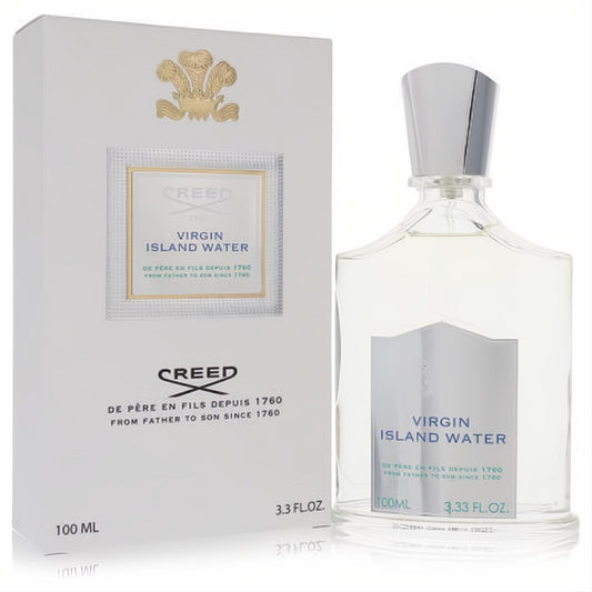 Iconic Creed Virgin Island Water 100ml EDP. Clear glass bottle, silver cap, and luxurious white box.