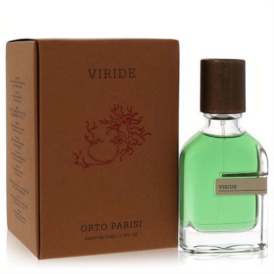Orto Parisi Viride 1.7 oz parfum spray: vibrant green liquid in a clear bottle with a dark cap, next to its earthy brown box.