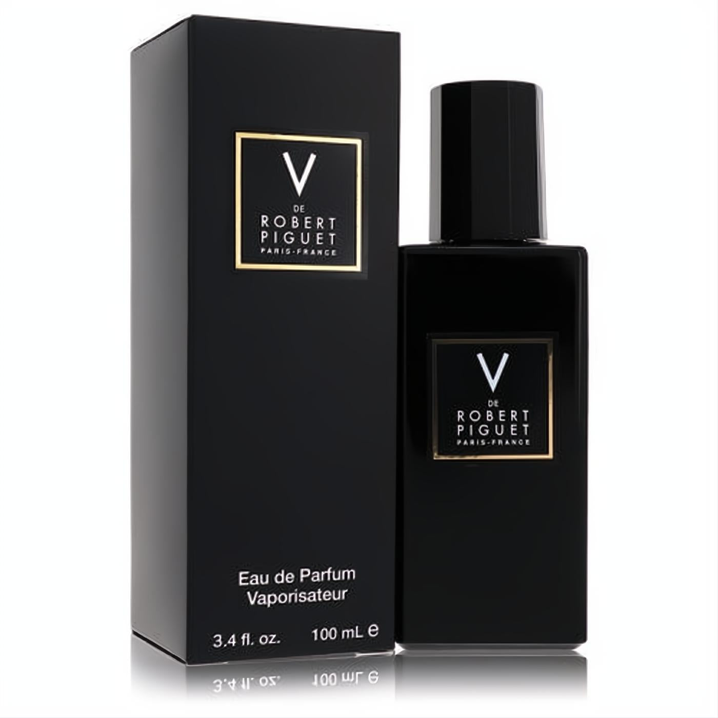 Luxurious Robert Piguet V Eau de Parfum spray, 3.4 oz. Sleek black bottle & box with iconic gold V logo.