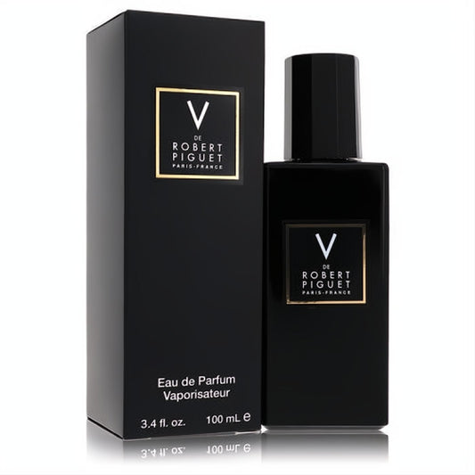 Luxurious Robert Piguet V Eau de Parfum spray, 3.4 oz. Sleek black bottle & box with iconic gold V logo.