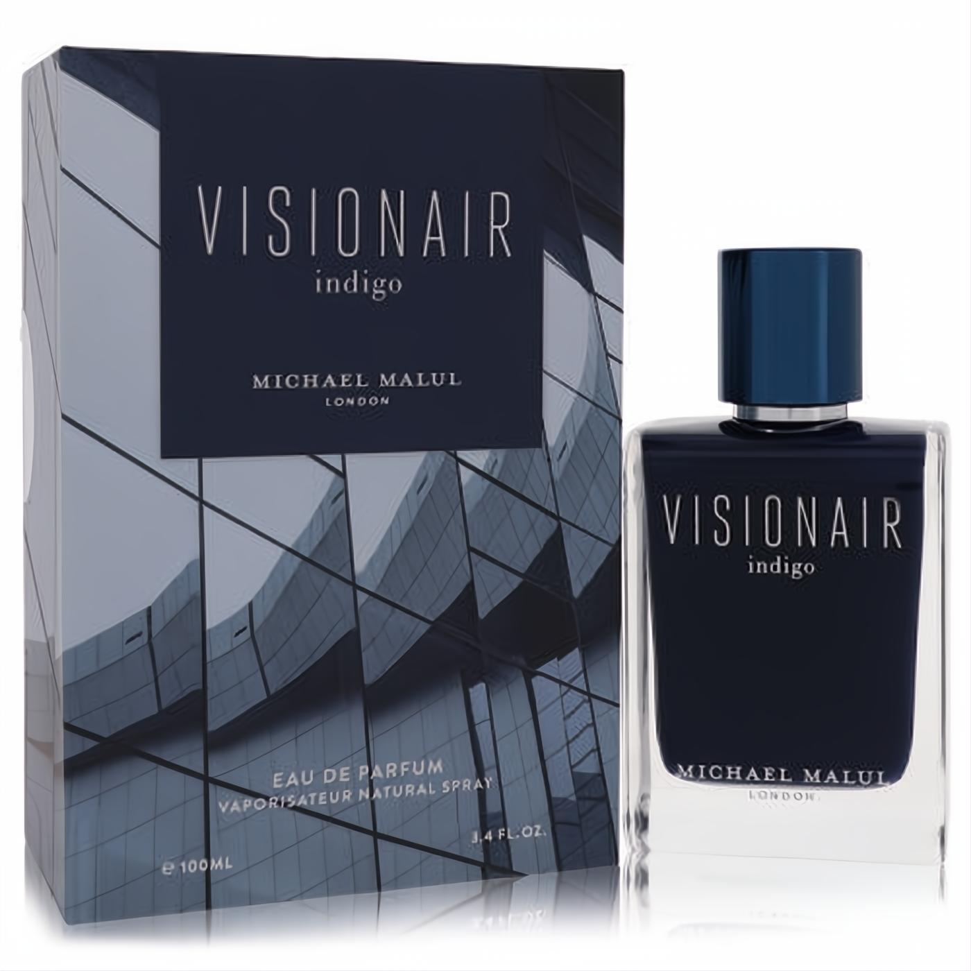 Visionair Indigo by Michael Malul 3.4 oz men's Eau de Parfum. Elegant dark blue glass bottle, modern architectural box design.
