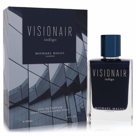 Visionair Indigo by Michael Malul 3.4 oz men's Eau de Parfum. Elegant dark blue glass bottle, modern architectural box design.