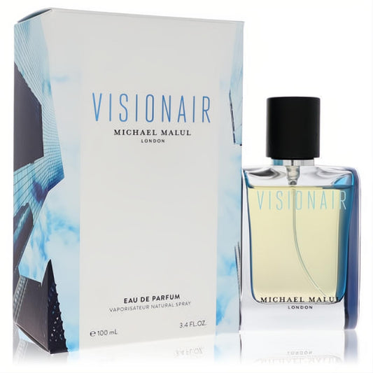 Visionair Michael Malul 3.4 oz Eau de Parfum for women. Sleek clear glass bottle, black cap, elegant white box with modern blue sky design.