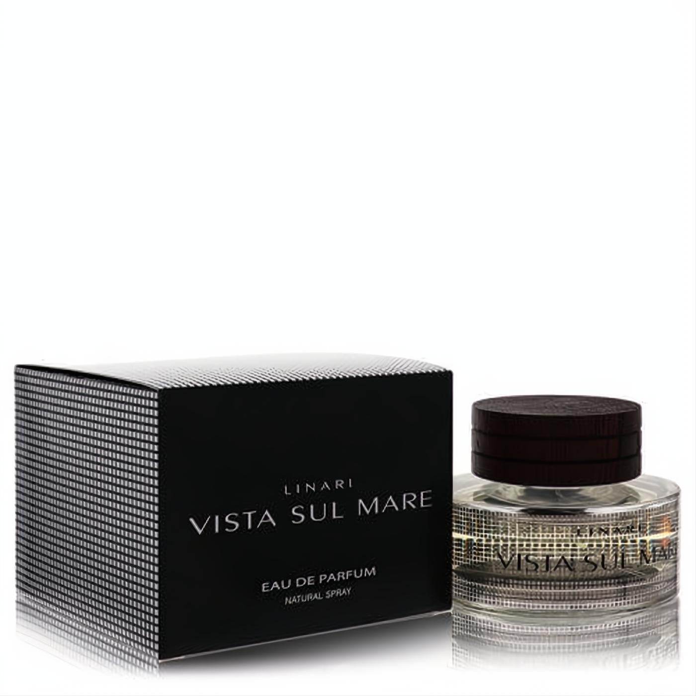 Discover Linari Vista Sul Mare 3.4 oz women's Eau De Parfum. Clear bottle, dark wood cap, and elegant black box.