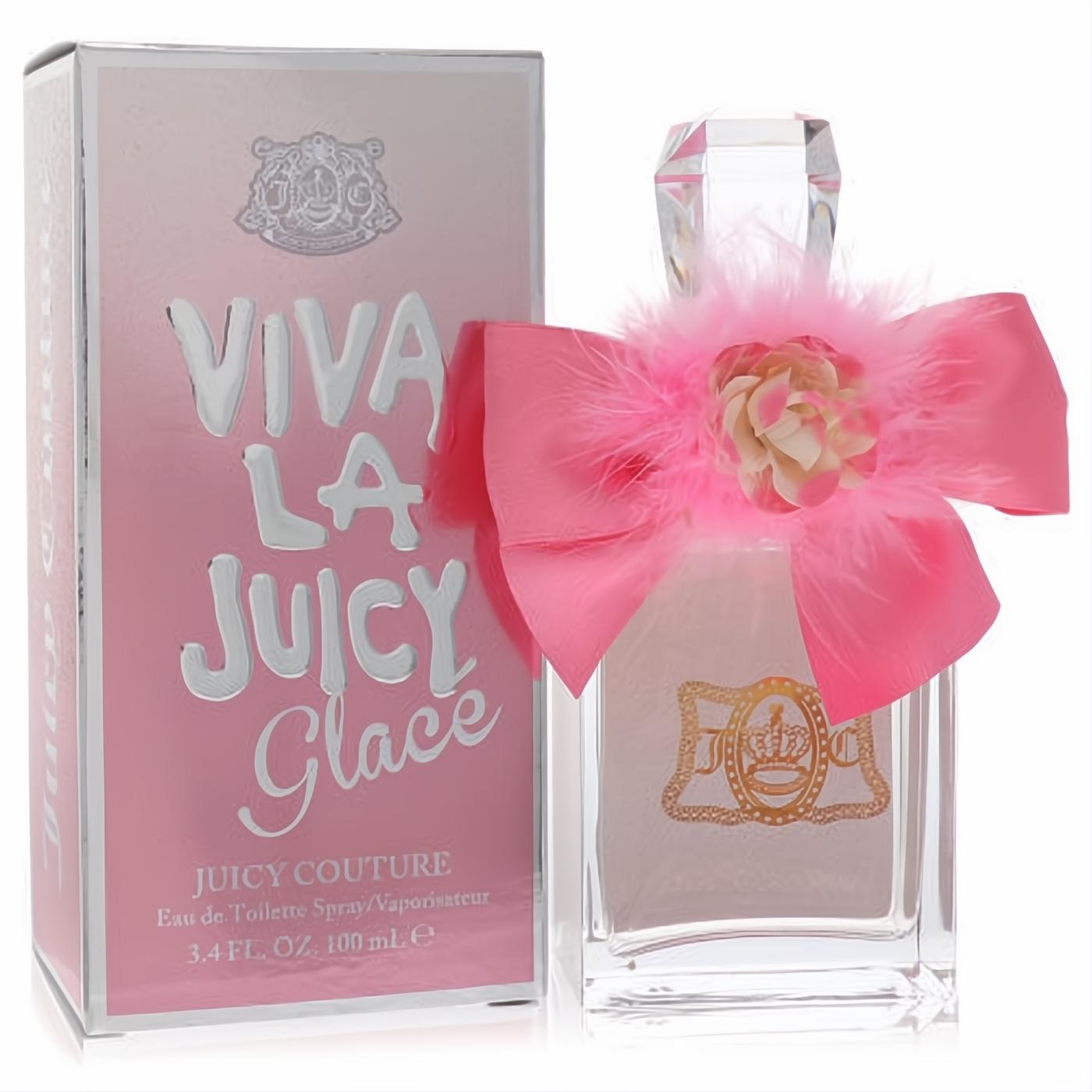 Viva La Juicy Glace 3.4 oz EDT bottle with a dazzling pink fluffy bow and gold crest, next to its elegant pink box.