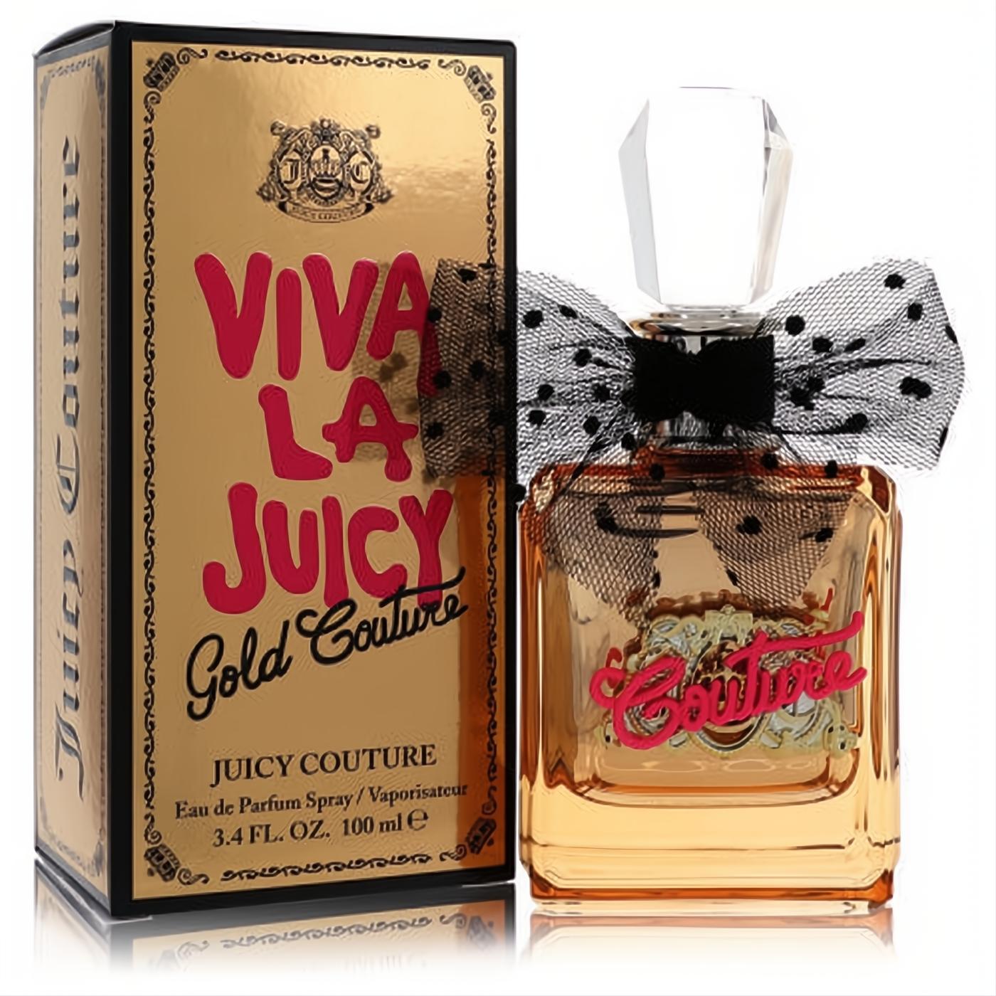 Luxurious Viva La Juicy Gold Couture 3.4 oz EDP spray. Gold bottle with a chic black tulle bow, pink "Couture" charm, and matching gold box.