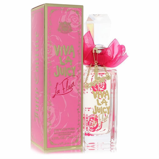 Captivating Viva La Juicy La Fleur 2.5 oz EDT. Clear glass bottle with pink rose design, a chic pink bow, and a gold Juicy Couture charm.