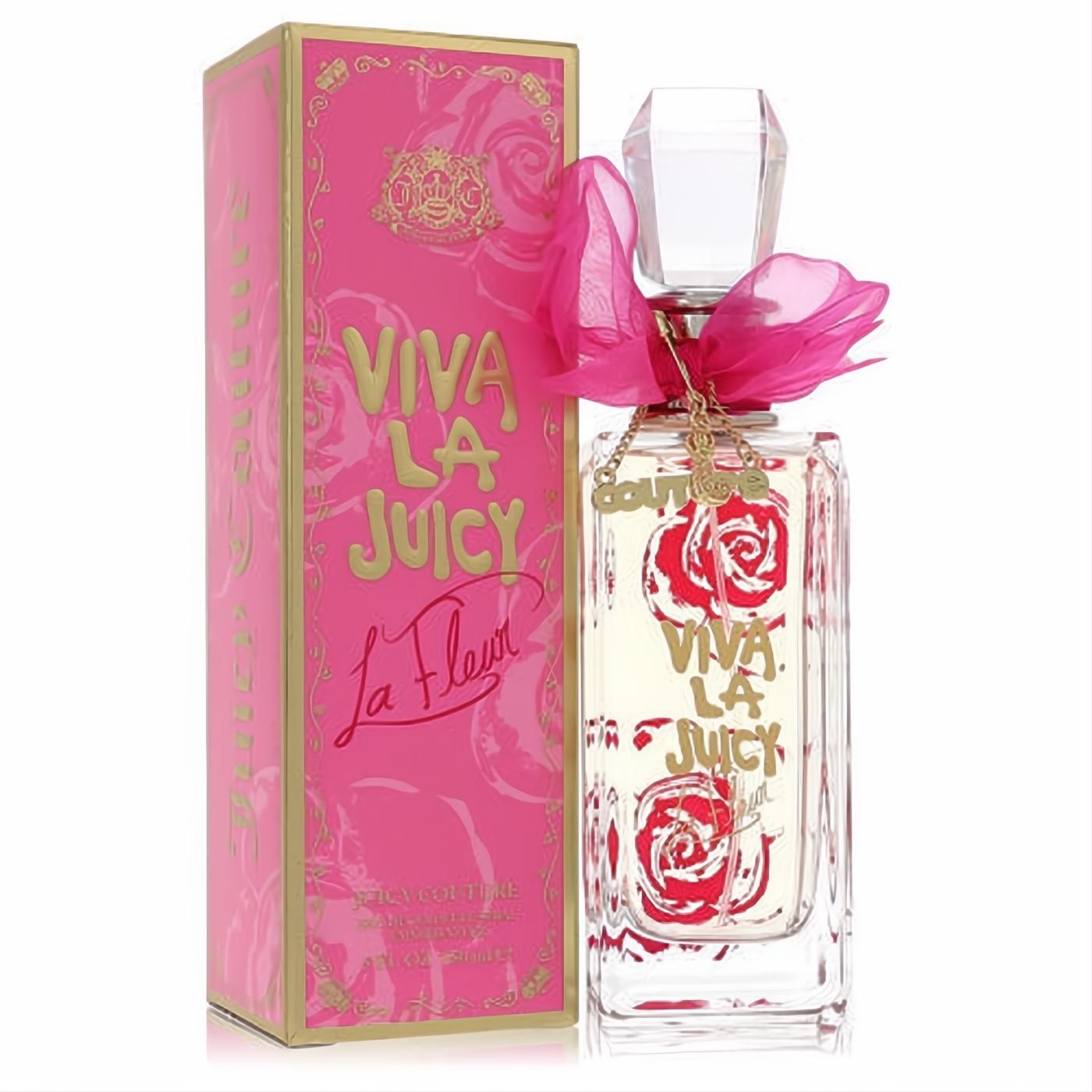Glamorous Viva La Juicy La Fleur perfume bottle with red roses, pink bow, gold charm, and matching rose-patterned box.