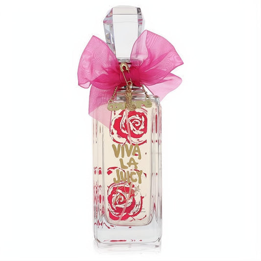 Luxurious Viva La Juicy La Fleur 5 oz EDT spray bottle. Features a vibrant pink bow, gold charms, and elegant red rose design.