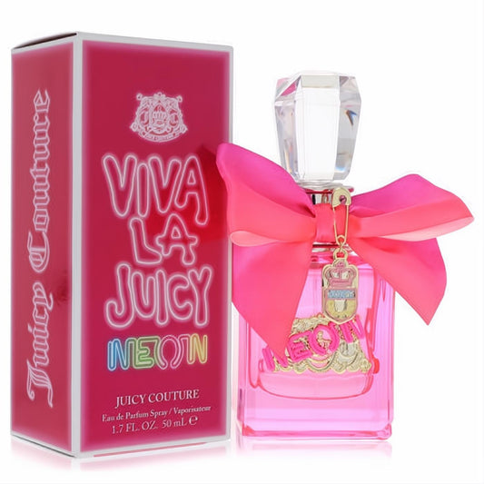 Vibrant pink Viva La Juicy Neon 1.7 oz perfume bottle with a dazzling crystal cap and chic satin bow, beside its matching box.