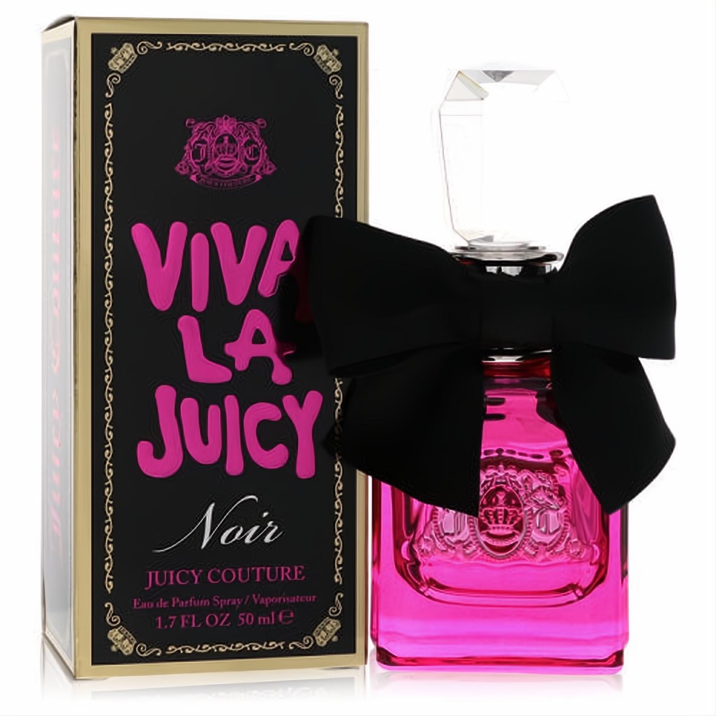 Juicy Couture Viva La Juicy Noir 1.7 oz EDP. Vibrant pink bottle with a chic black satin bow and elegant black & gold box.