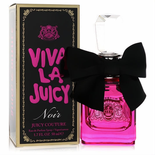 Juicy Couture Viva La Juicy Noir 1.7 oz EDP. Vibrant pink bottle with a chic black satin bow and elegant black & gold box.