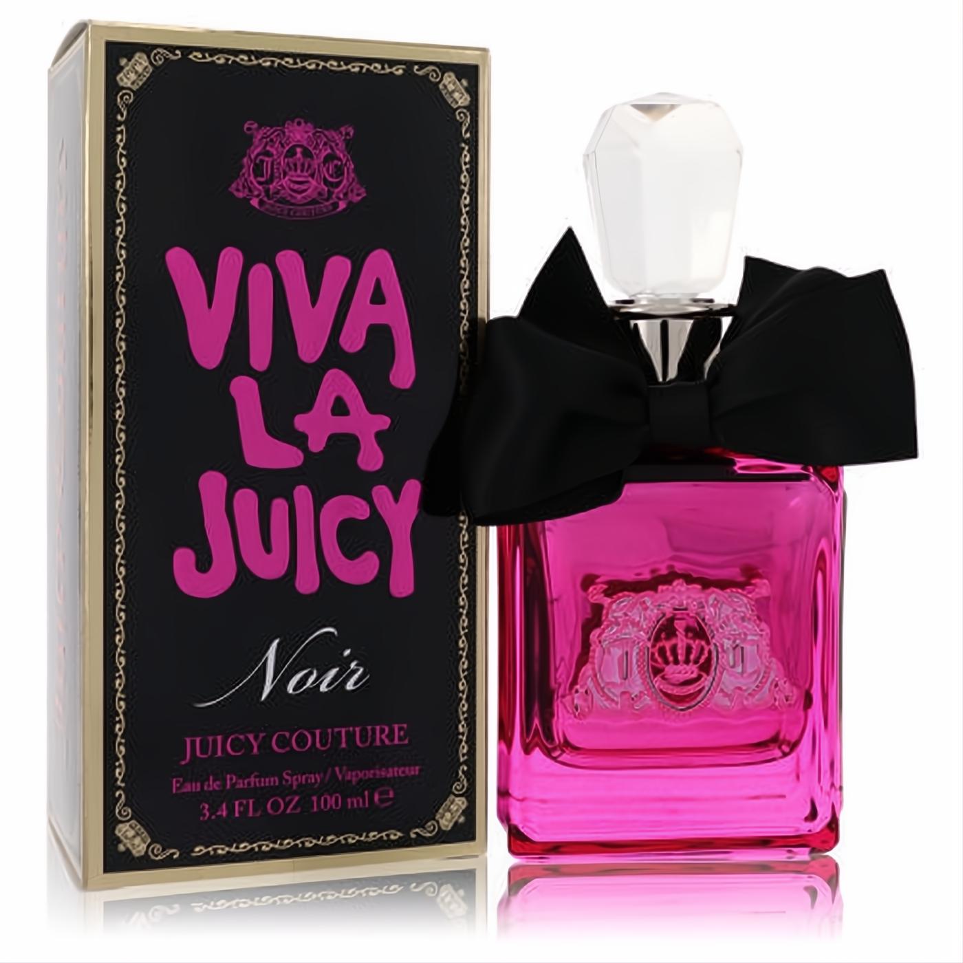 Glamorous Viva La Juicy Noir 3.4 oz EDP in a fuchsia glass bottle, adorned with a black satin bow and crystal cap.