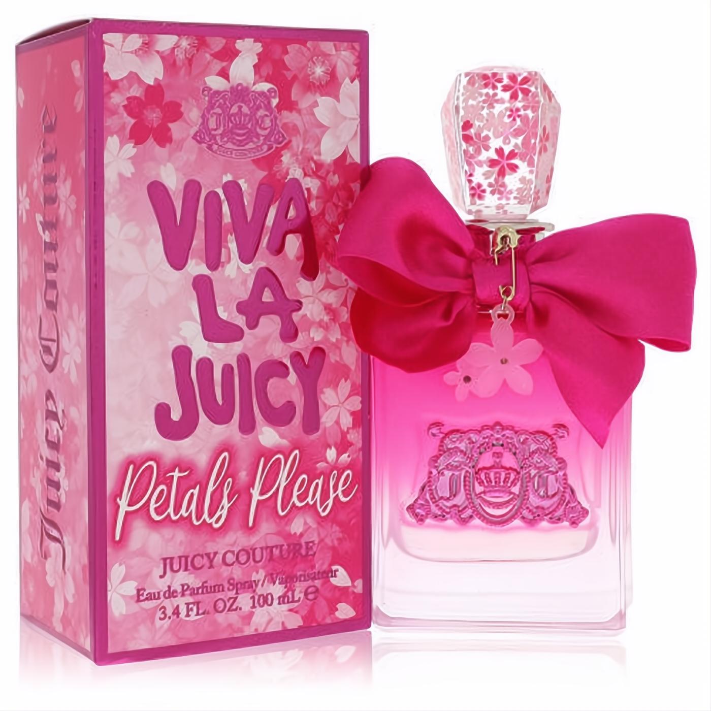 Viva La Juicy Petals Please 3.4 oz EDP. Vibrant pink bottle with a fuchsia bow, crown emblem, and floral cap. Matching pink blossom box.