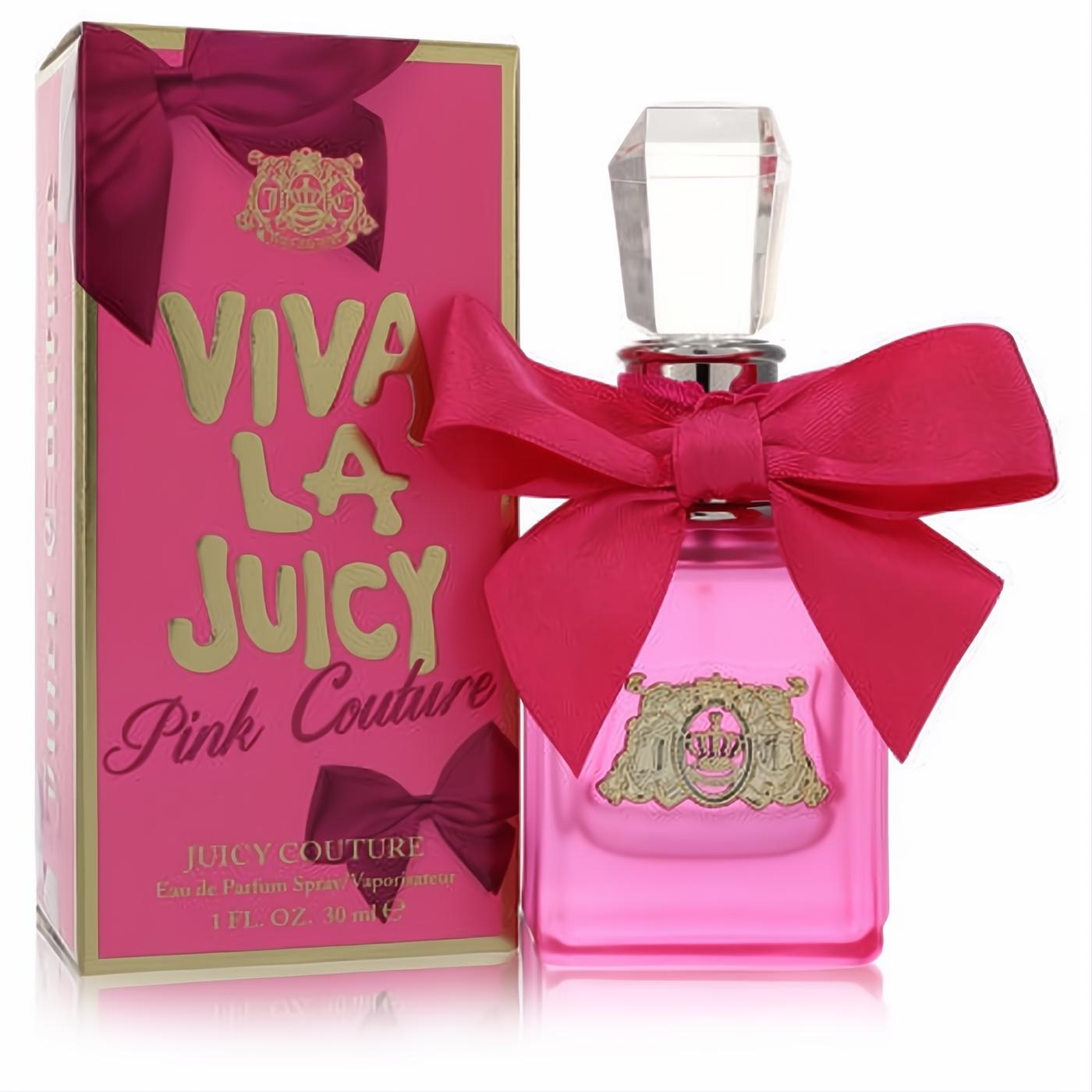 Vibrant 1 oz Viva La Juicy Pink Couture perfume bottle with a chic pink satin bow, gold emblem, and matching box.
