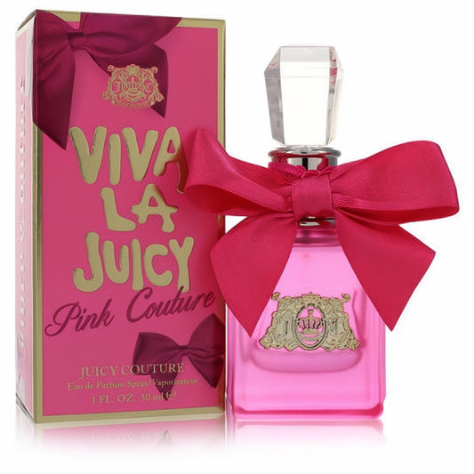 Vibrant 1 oz Viva La Juicy Pink Couture perfume bottle with a chic pink satin bow, gold emblem, and matching box.