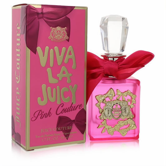 Elegant Viva La Juicy Pink Couture 1.7 oz women's EDP. Pink bottle with gold charms, a luxurious pink bow, and a dazzling crystal cap.