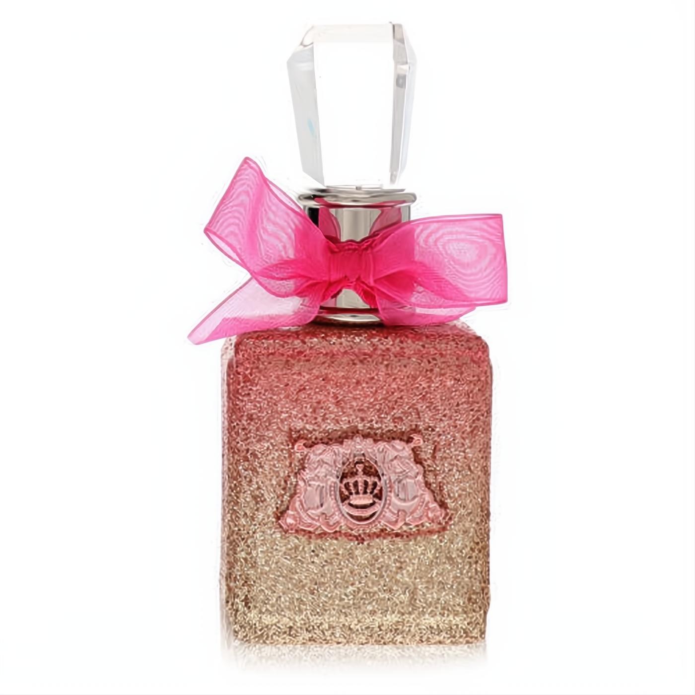 Dazzling Viva La Juicy Rose 1 oz perfume bottle with pink-gold glitter, chic pink bow, crystal cap, and crown logo.
