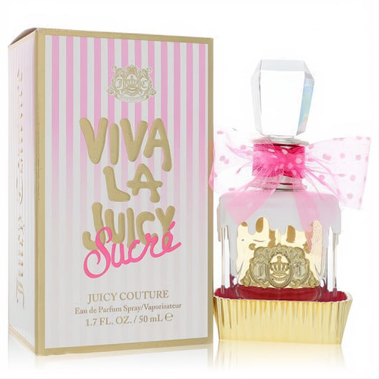 Viva La Juicy Sucre 1.7 oz EDP. Sweet white 'icing' bottle with gold crest, pink polka dot bow, and gold cupcake base. Pink striped box.