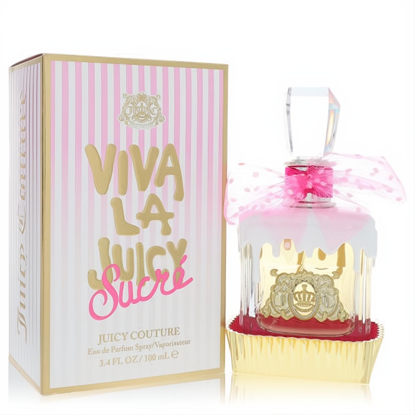 Delicious Viva La Juicy Sucre 3.4 oz perfume. Clear bottle with pink icing drip, gold crown, and cupcake wrapper base. Pink striped box with gold accents.