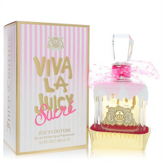 Delicious Viva La Juicy Sucre 3.4 oz perfume. Clear bottle with pink icing drip, gold crown, and cupcake wrapper base. Pink striped box with gold accents.