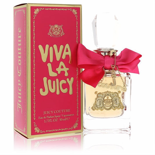 Glamorous Viva La Juicy 1.7 oz EDP perfume bottle with a vibrant pink bow and gold charm, beside its luxurious pink and gold box.