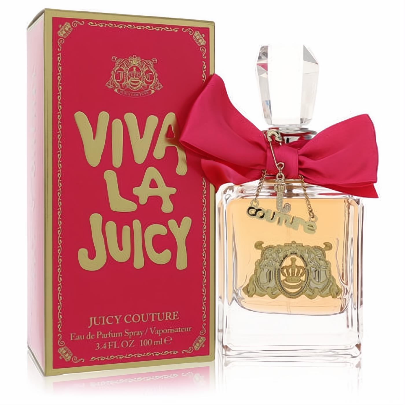Viva La Juicy 3.4 oz EDP spray. Dazzling clear bottle with a fuchsia bow, gold "COUTURE" charm, and matching pink & gold box.