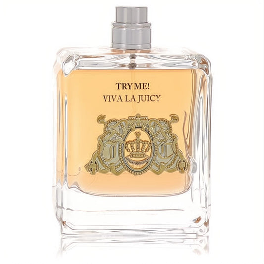 Elegant Viva La Juicy 3.4 oz tester perfume bottle, featuring a gold crown crest, radiant amber fragrance, and sleek silver sprayer.