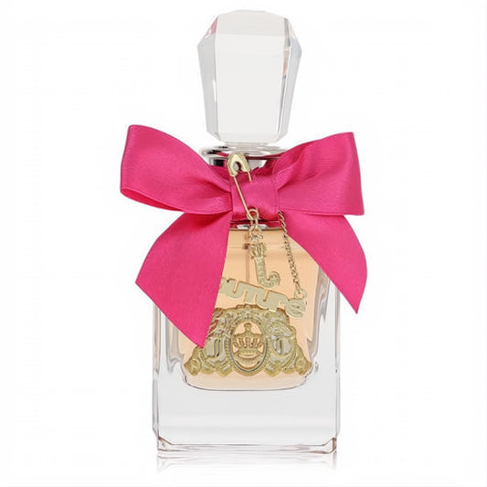 Chic Viva La Juicy Eau de Parfum in a clear bottle with a faceted cap, vibrant pink bow, and signature gold Juicy Couture charm.