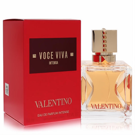 Valentino Voce Viva Intensa 1.7 oz women's EDP. Vibrant red box, clear bottle with golden liquid, and signature gold studded cap.