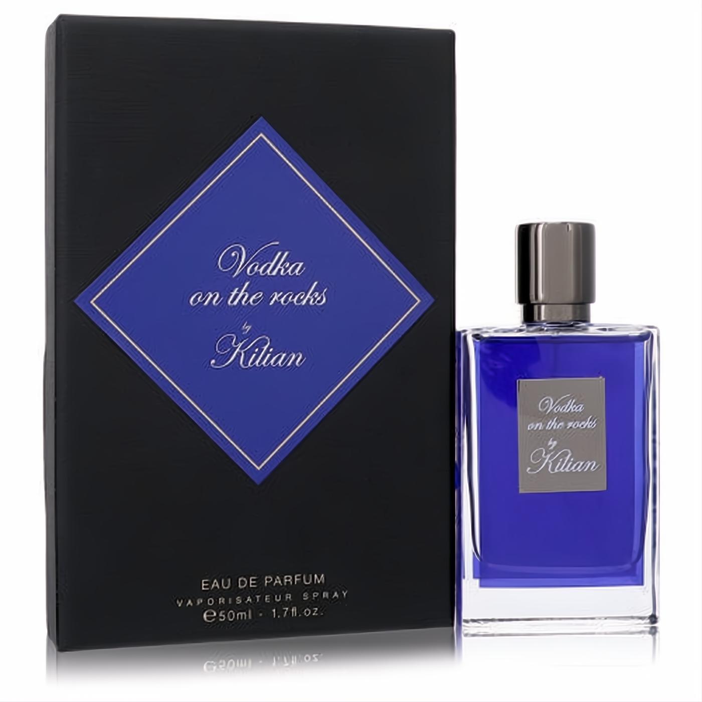 Luxurious Kilian Vodka on the Rocks 1.7 oz Eau de Parfum. Iconic black box, vibrant blue label, sleek glass bottle, metallic cap.