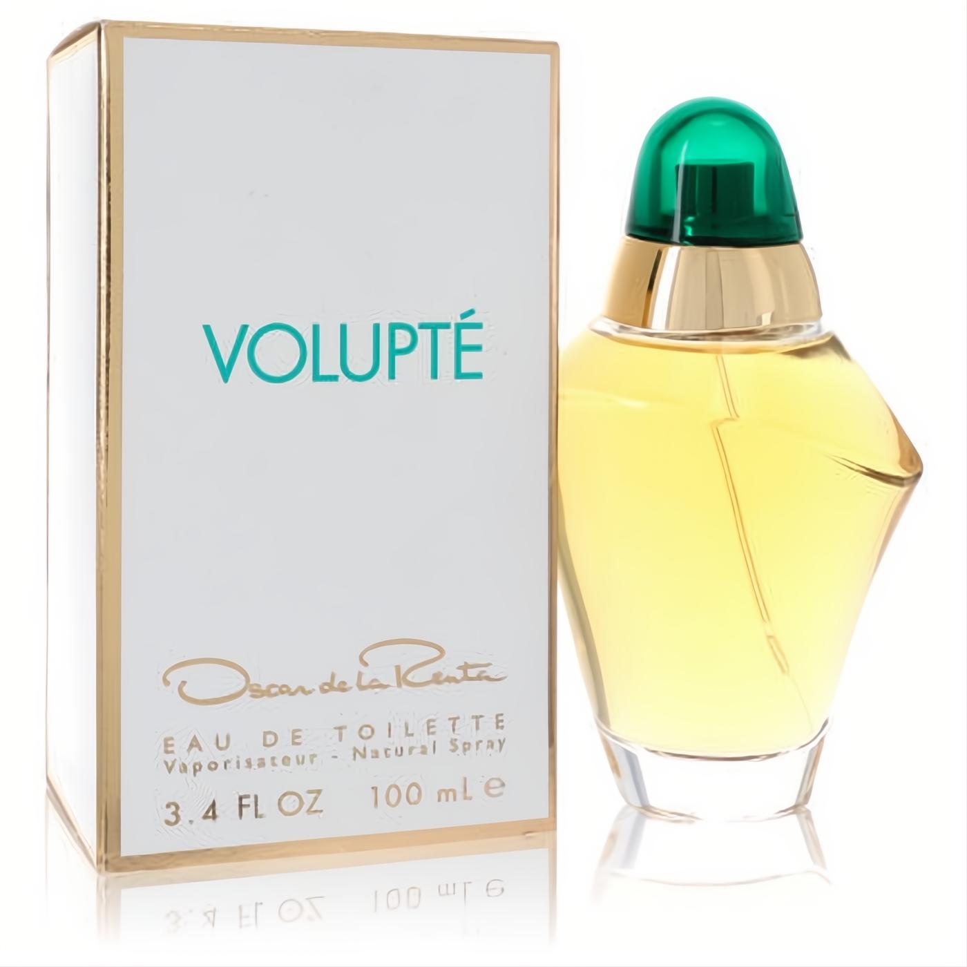 Volupté by Oscar de la Renta 3.4 oz EDT spray. Elegant curved glass bottle, vibrant emerald green cap, gold accent, and chic white box.