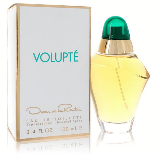 Volupté by Oscar de la Renta 3.4 oz EDT spray. Elegant curved glass bottle, vibrant emerald green cap, gold accent, and chic white box.