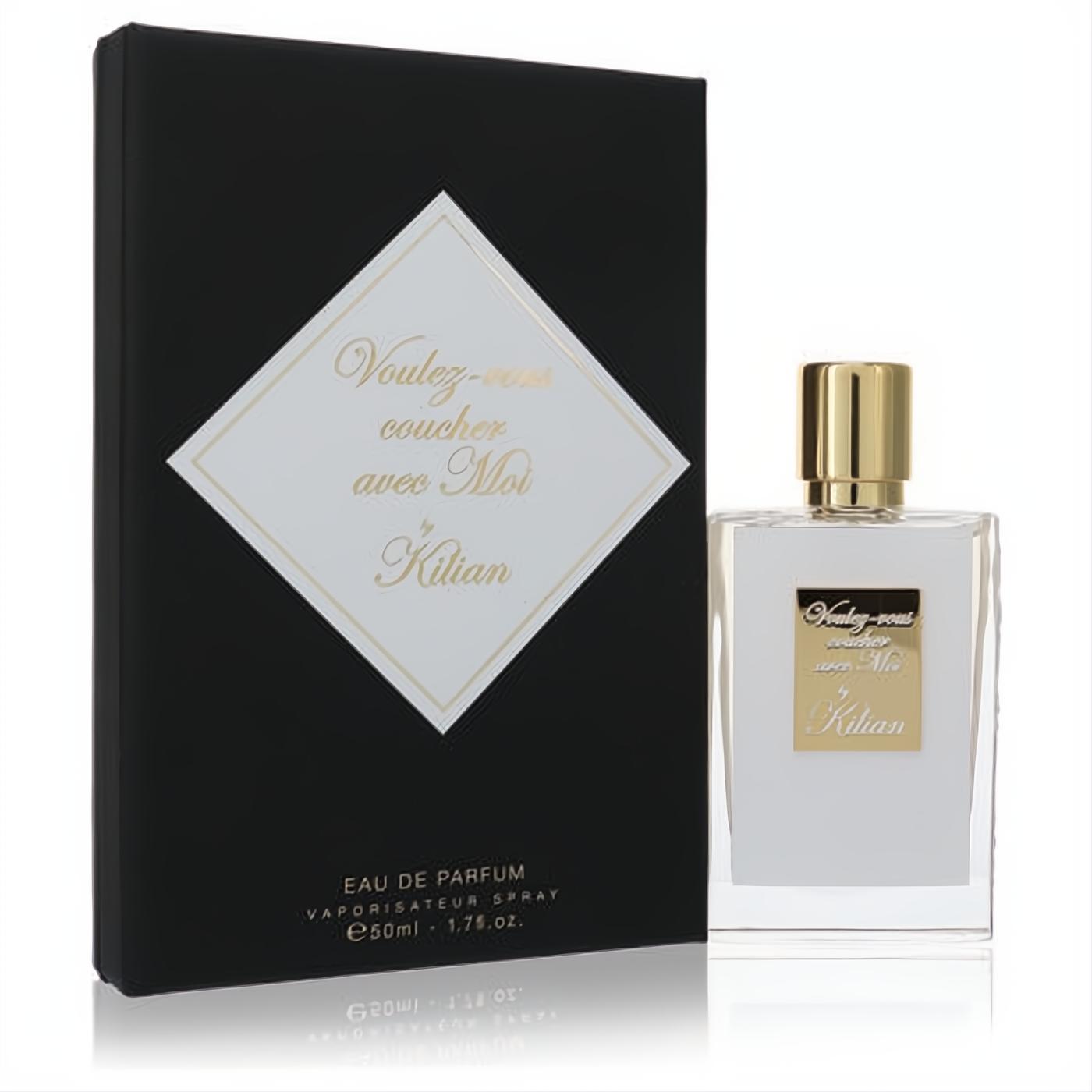Sophisticated Kilian Voulez-vous coucher avec Moi 1.7 oz EDP spray. Clear bottle with gold cap and black box, featuring elegant gold lettering.