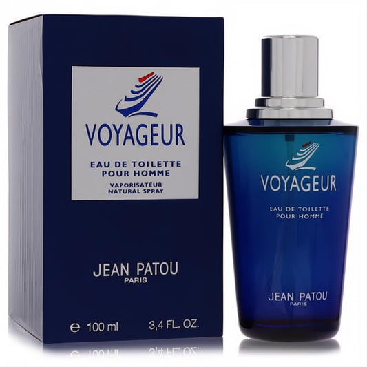 Voyageur by Jean Patou 3.4 oz men's Eau De Toilette. Sleek dark blue glass bottle with silver cap and matching packaging.